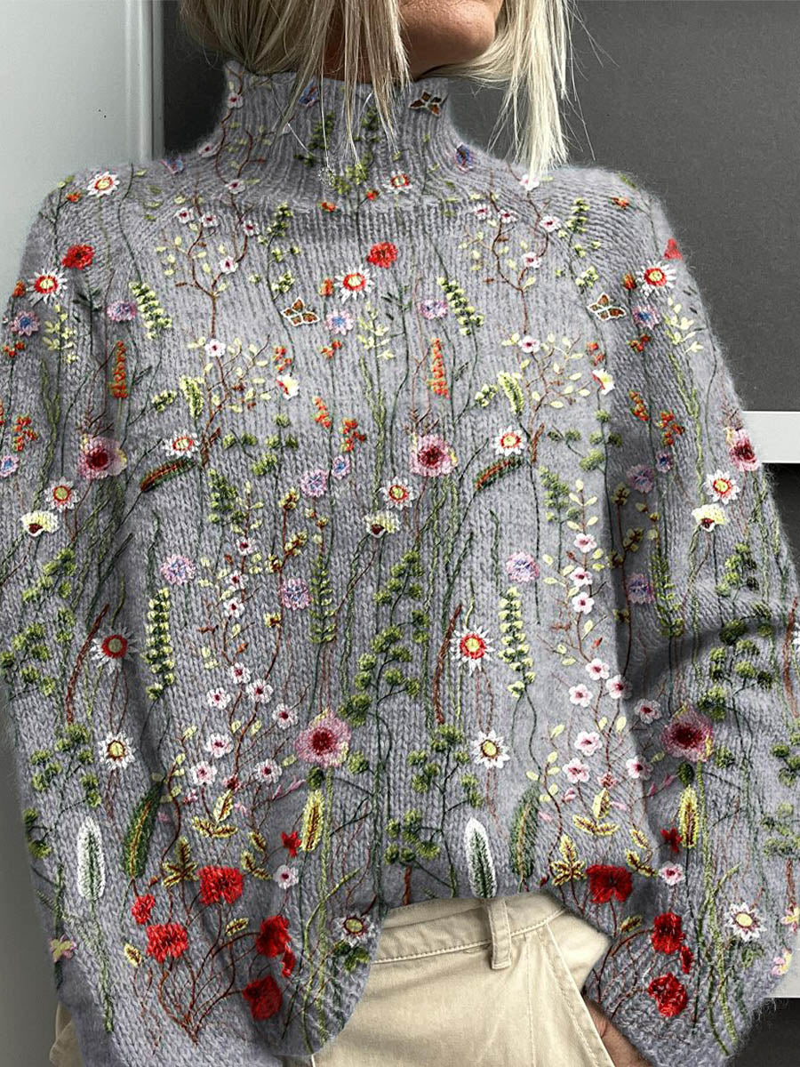 Women's Gray Turtleneck Sweater – Floral Embroidered Knit
