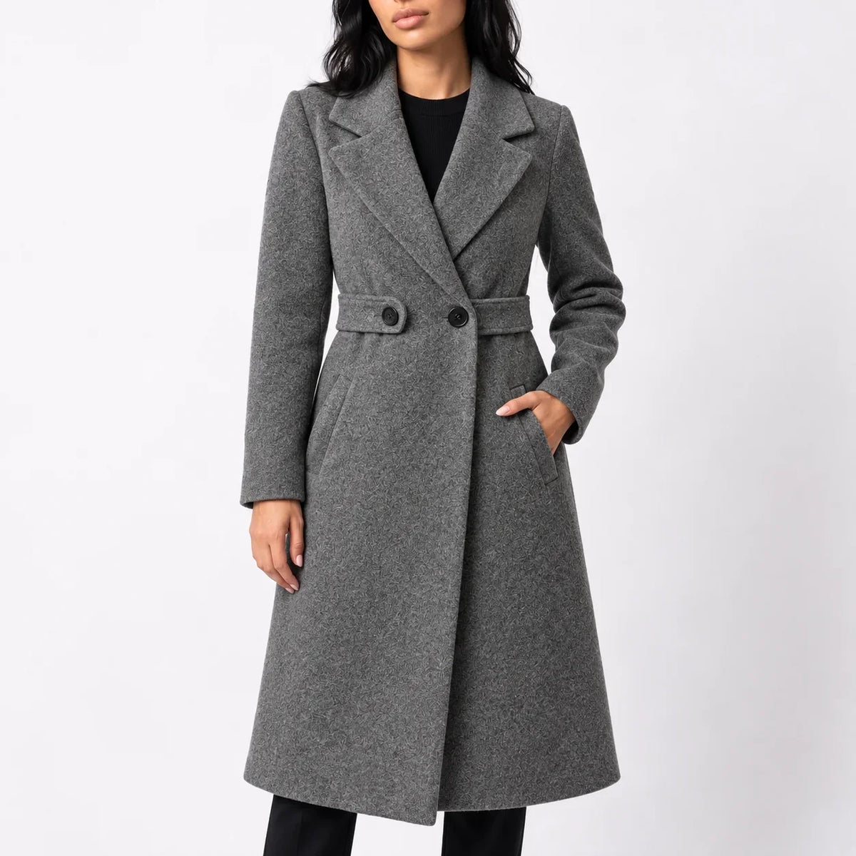 Women's Long Belted Winter Coat – Wide Notched Lapel