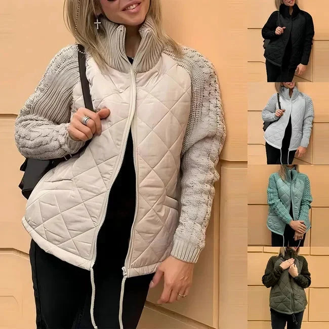 Quilted Knit Winter Jacket - Stand Collar Zip Women's Jacket