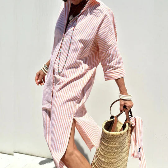 Winsley | Stunning Airy Striped Shirt Summer Dress with Belt and Side Slits