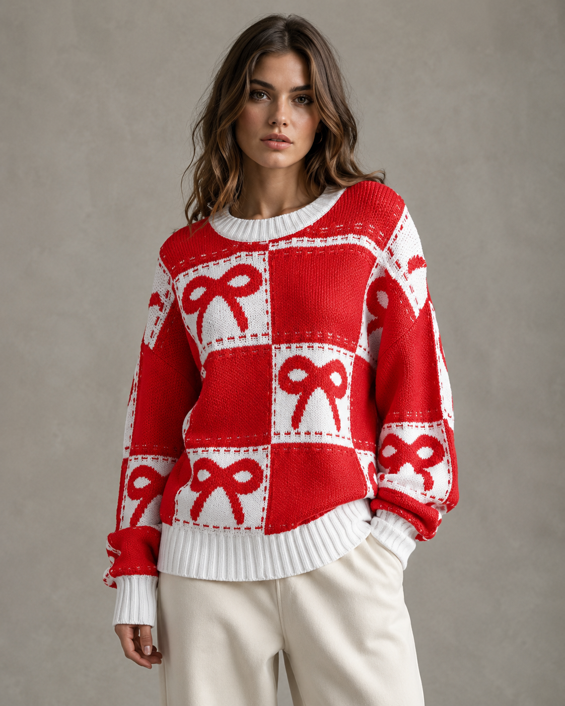 Women's Knit Sweater - Bow Print Checkerboard Pattern