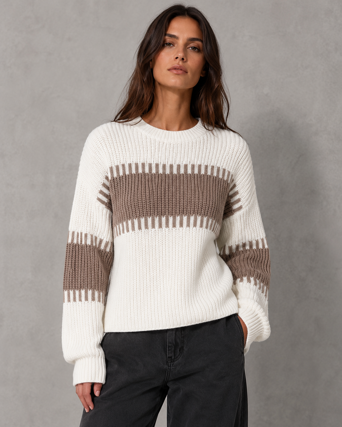 Women's Color Block Sweater - Crew Neck Relaxed Fit
