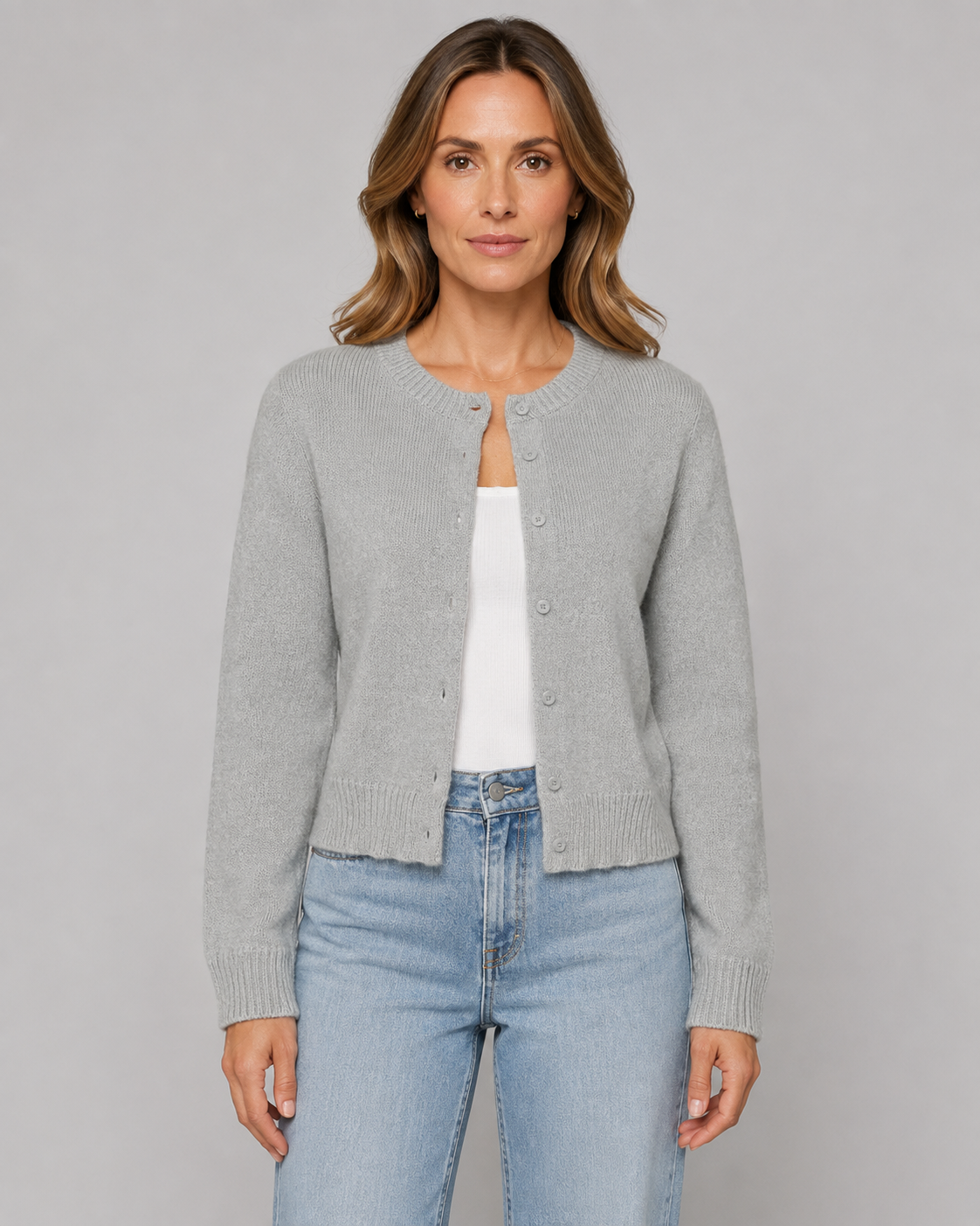 Women's Cropped Cardigan - Button Front Crew Neck Sweater