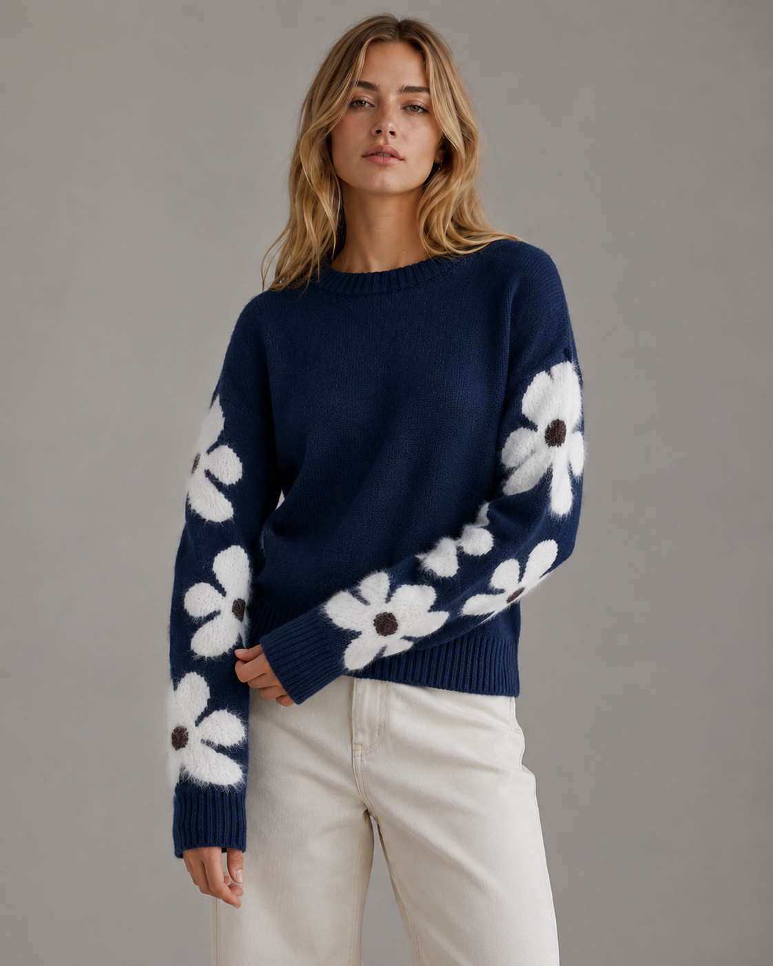 Women's Knit Sweater - Floral Sleeve Crew Neck Relaxed Fit