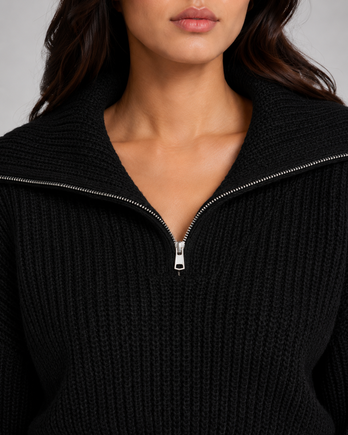 Women's Quarter Zip Sweater - Cropped Ribbed Funnel Neck