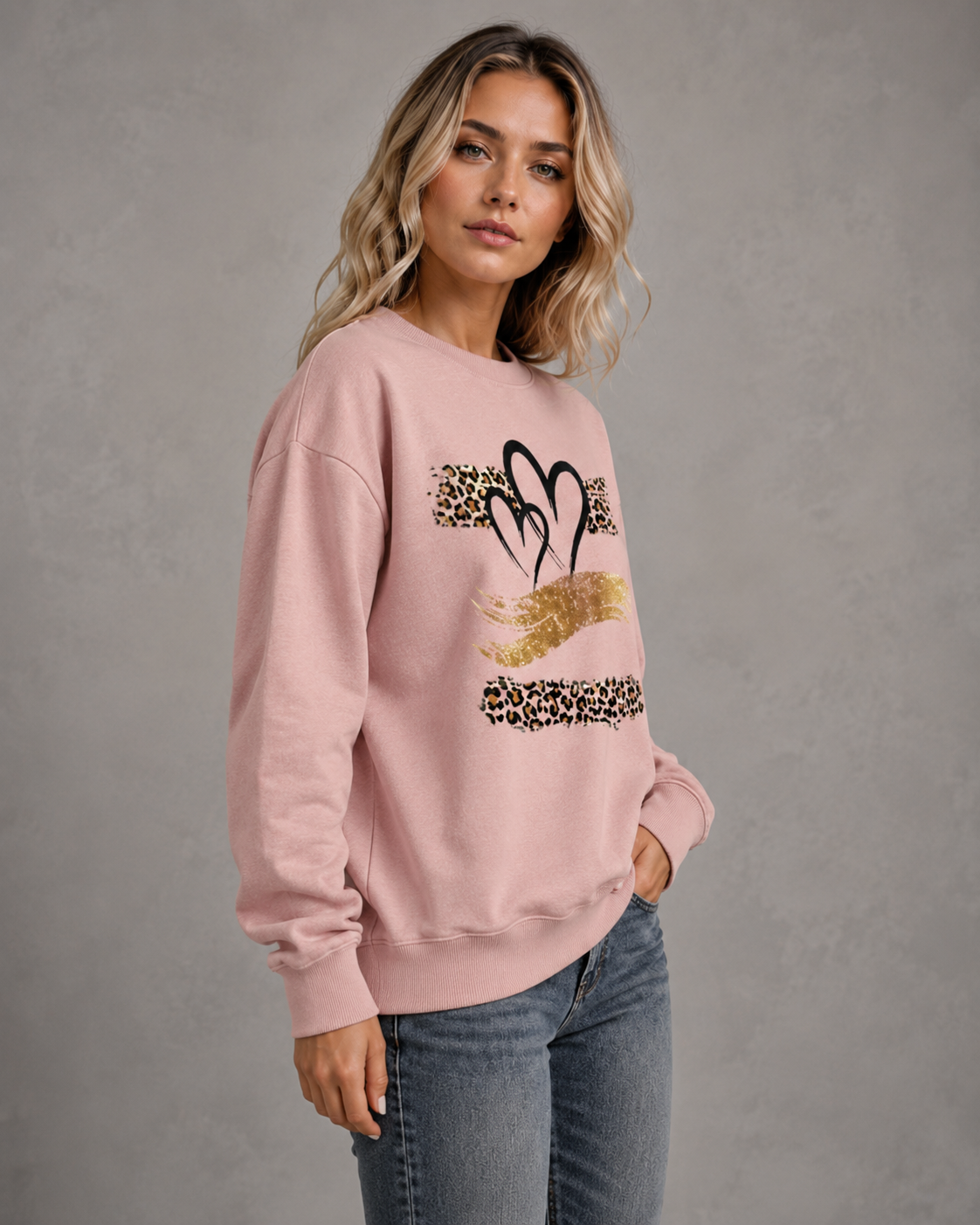 Women's Graphic Sweatshirt - Leopard Heart Drop Shoulder
