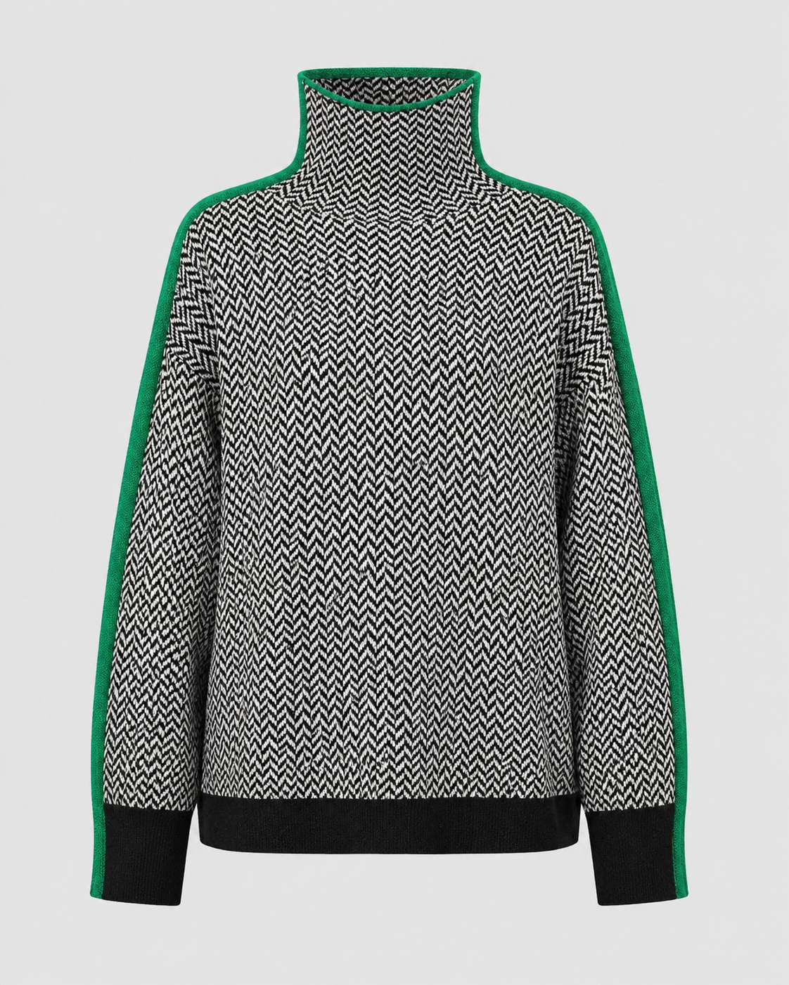 Women's Turtleneck Sweater - Herringbone Knit Contrast Sleeves