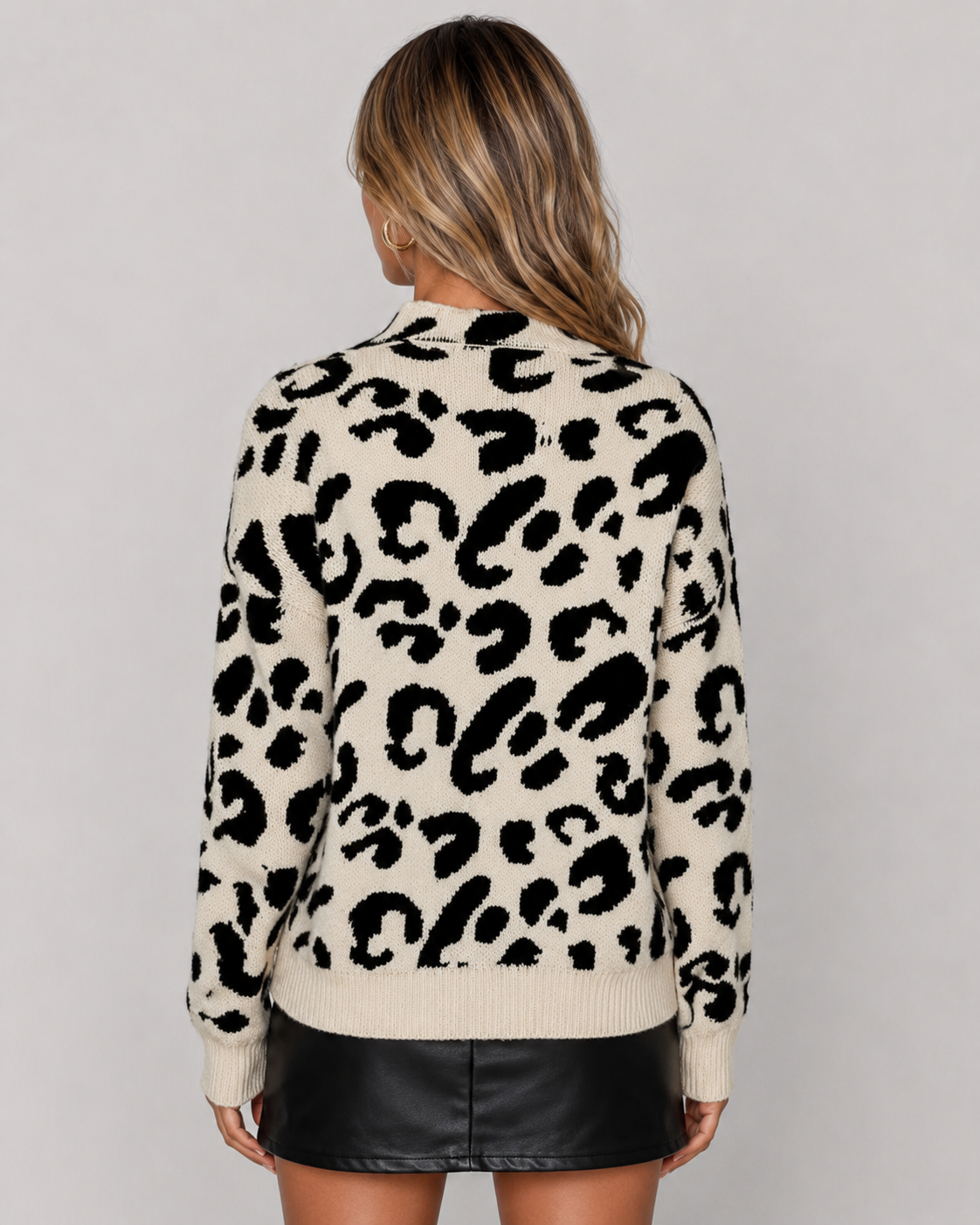 Women's Leopard Print Sweater - Mock Neck Relaxed Fit