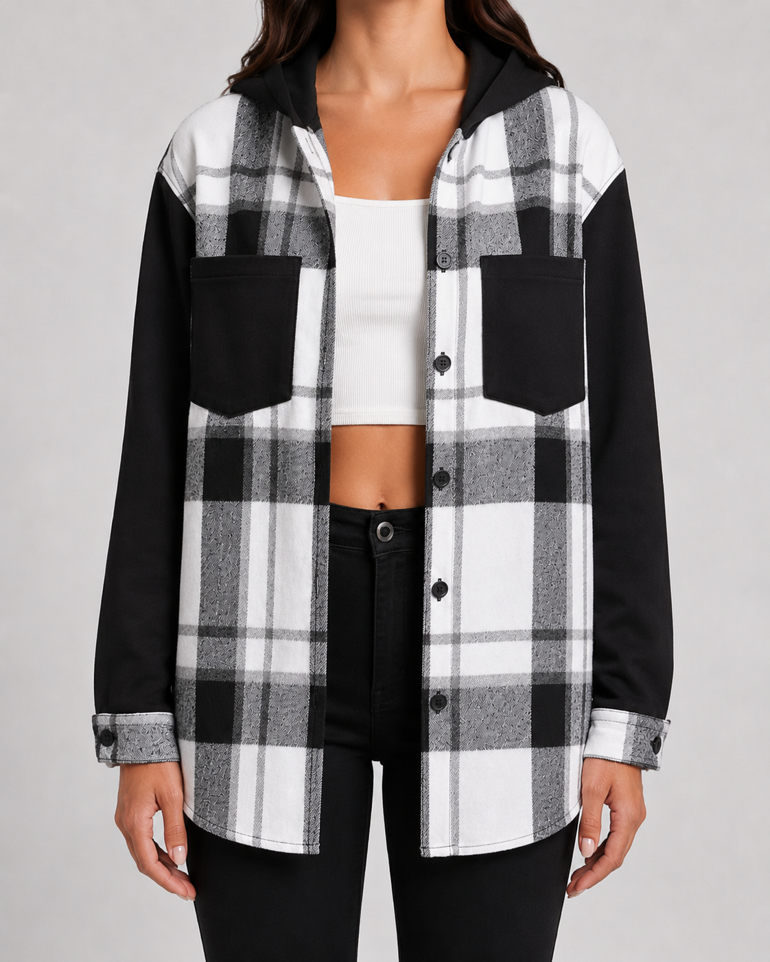 Women's Plaid Shacket - Hooded Fleece Shirt Jacket