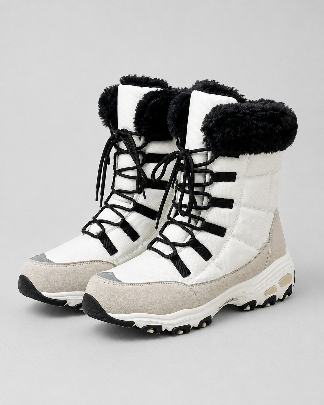 Women's Snow Boots - Quilted Lace Up Faux Fur Cuff