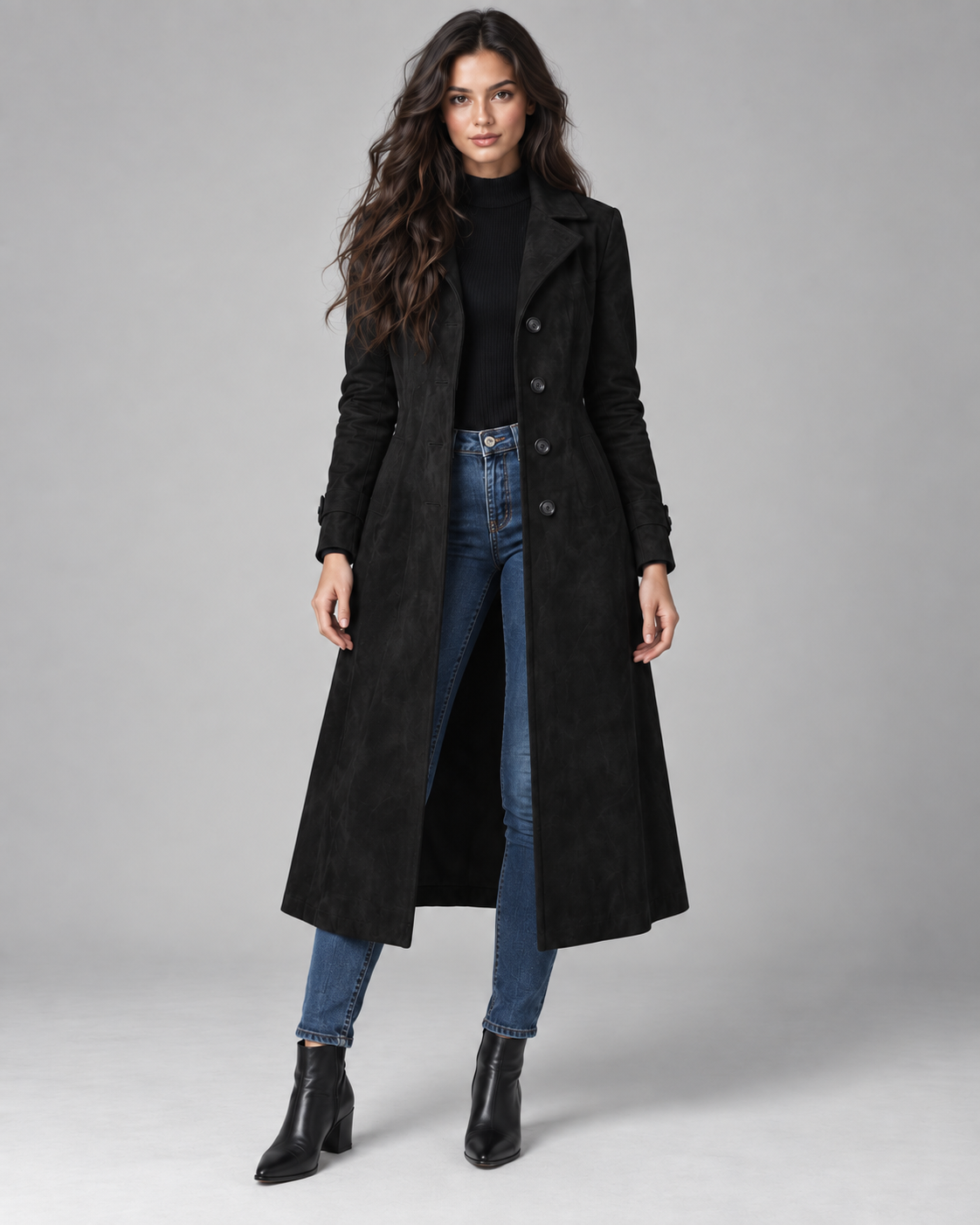 Women's Suede Coat - Long Tailored Notched Lapel Button Front