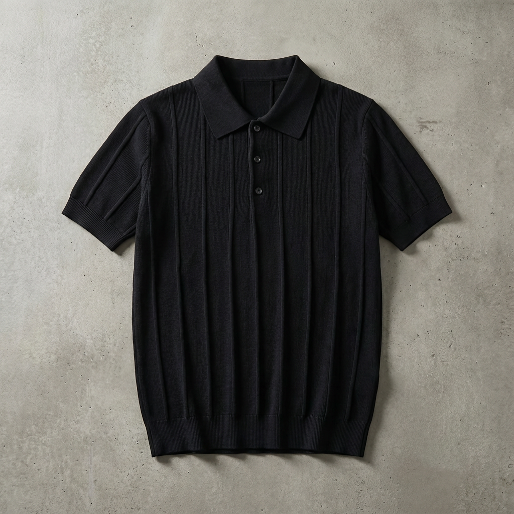 Men's Ribbed Knit Polo Shirt - Short Sleeve Casual Top