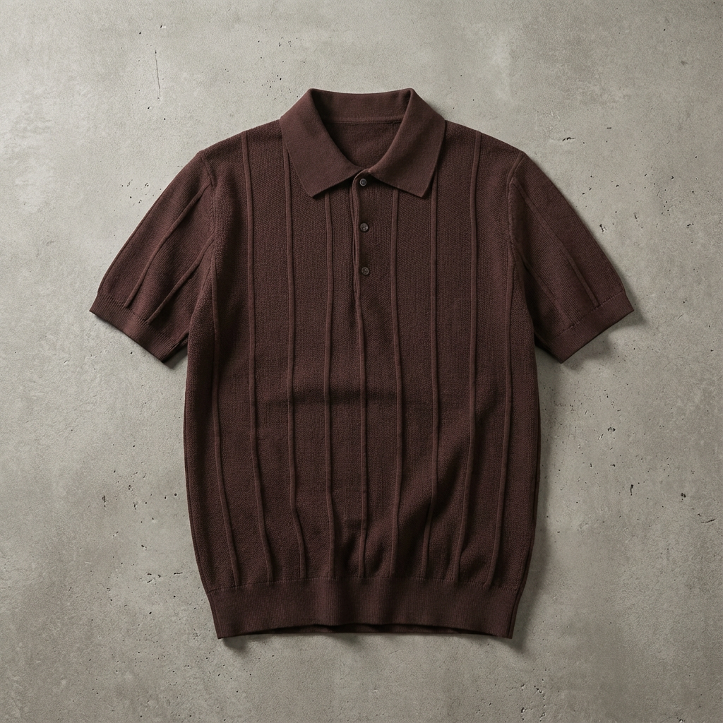 Men's Ribbed Knit Polo Shirt - Short Sleeve Casual Top