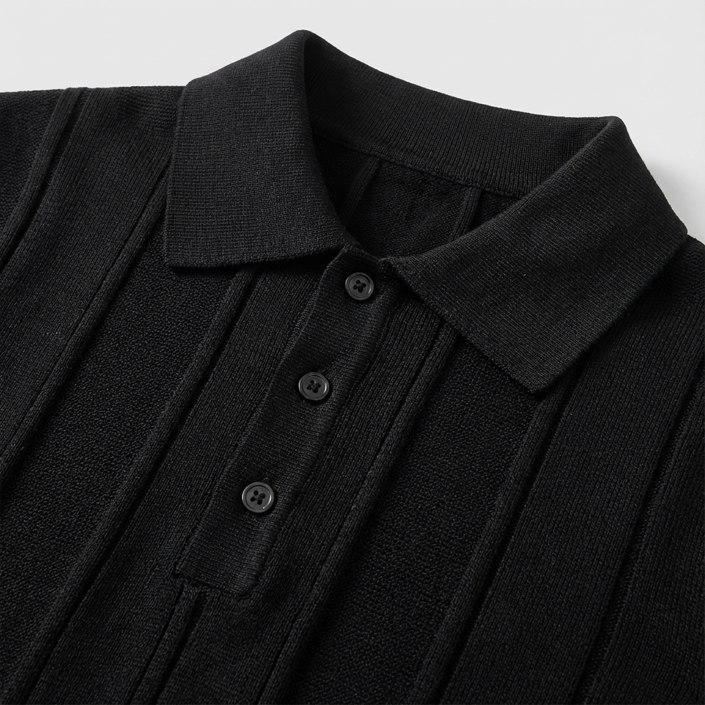 Men's Ribbed Knit Polo Shirt - Short Sleeve Casual Top