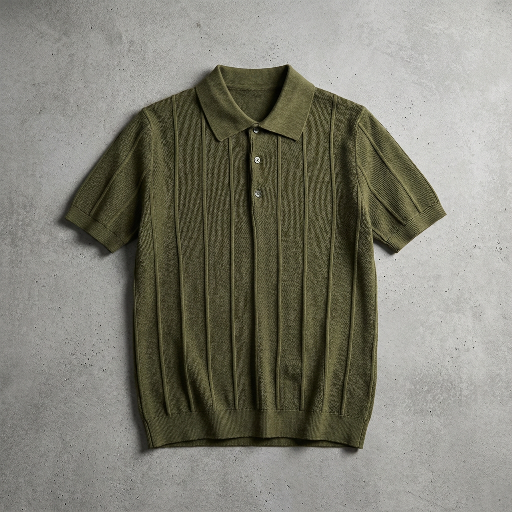 Men's Ribbed Knit Polo Shirt - Short Sleeve Casual Top