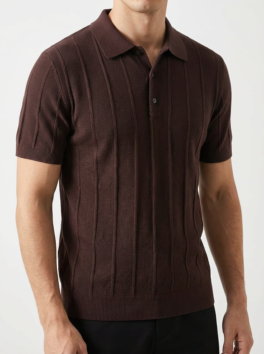 Men's Ribbed Knit Polo Shirt - Short Sleeve Casual Top