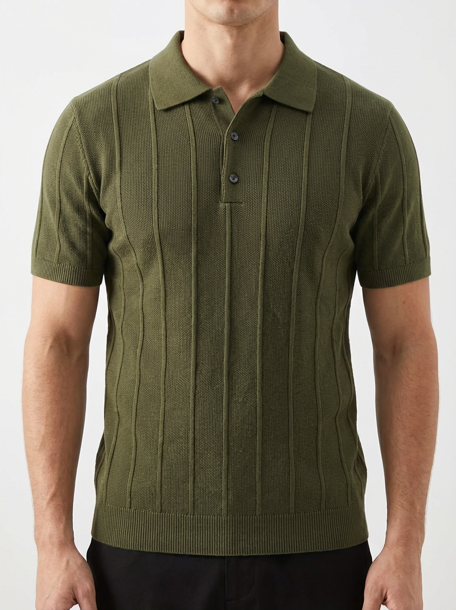 Men's Ribbed Knit Polo Shirt - Short Sleeve Casual Top