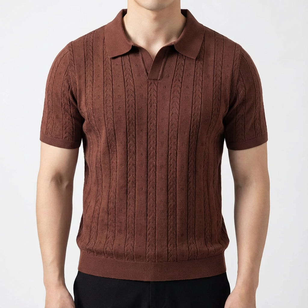 Men's Jacquard Knit Polo Shirt - Short Sleeve Casual Top