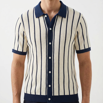 Men's Striped Cotton Knit Polo Shirt - Short Sleeve Casual Top