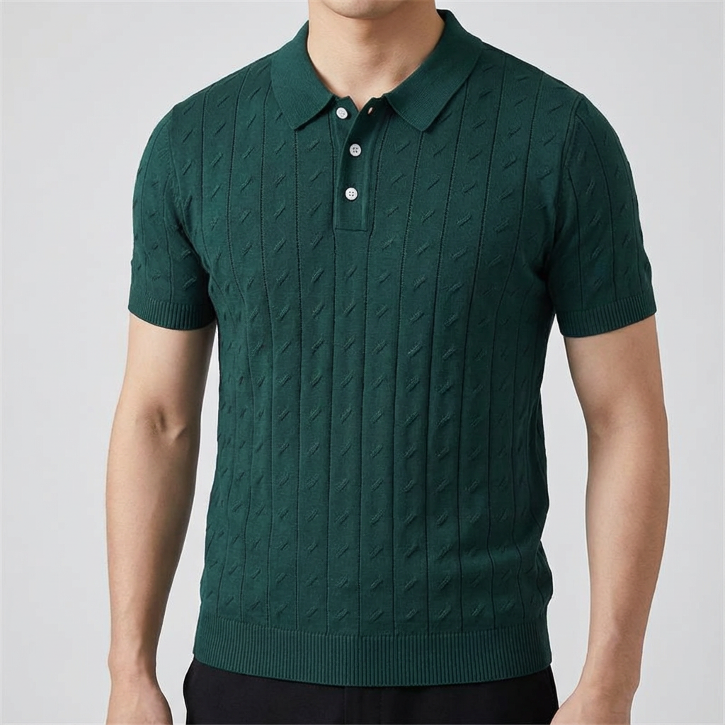 Men's Jacquard Knit Polo Shirt - Short Sleeve Casual Top