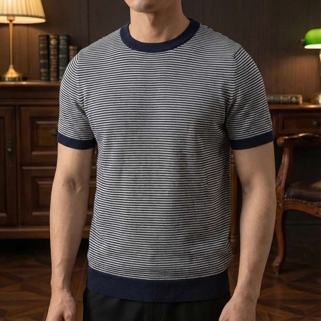 Men's Striped Polo Shirt - Cotton Knit Short Sleeve Top