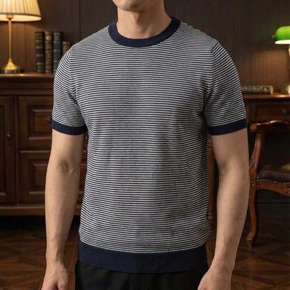 Men's Striped Polo Shirt - Cotton Knit Short Sleeve Top
