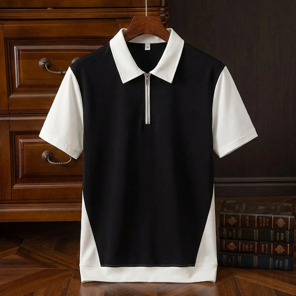 Men's Cotton Quarter Zip Polo Shirt - Casual Knit Pullover
