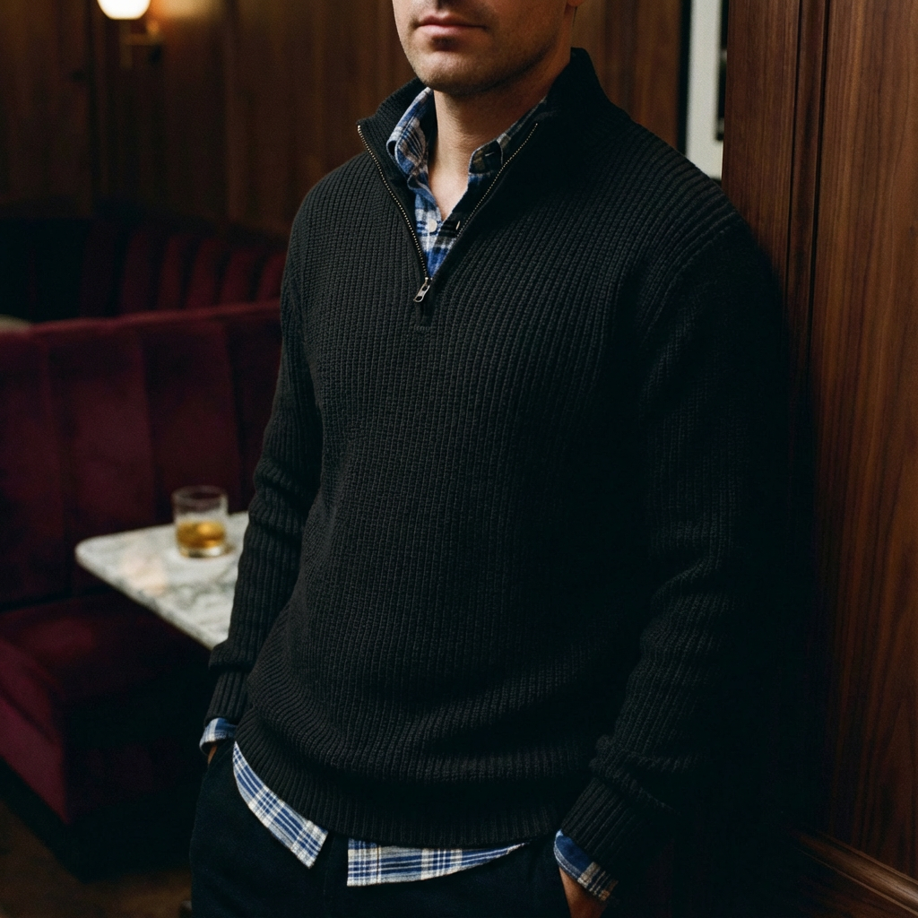 Men's Cotton Quarter Zip Sweater - Casual Knit Pullover