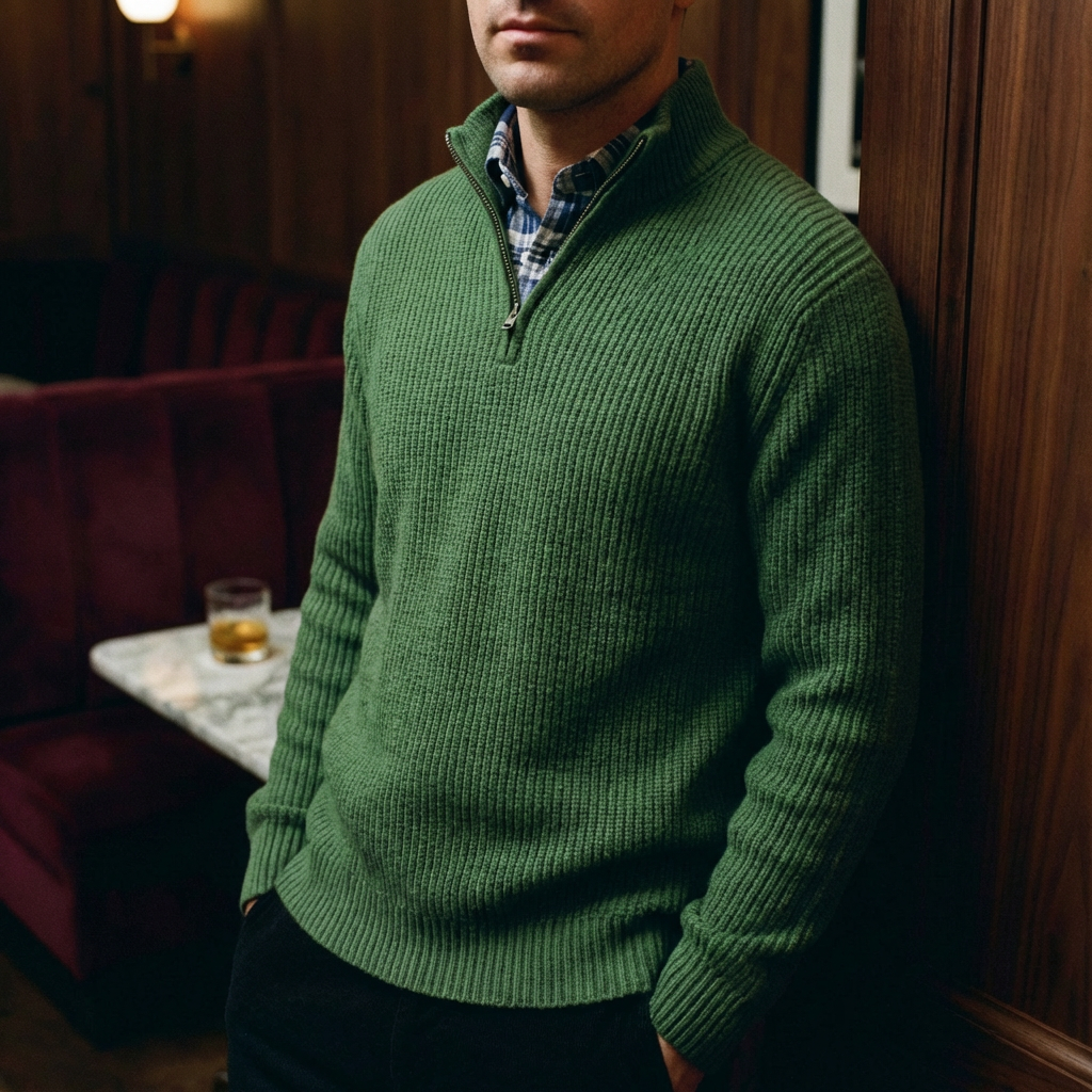 Men's Cotton Quarter Zip Sweater - Casual Knit Pullover