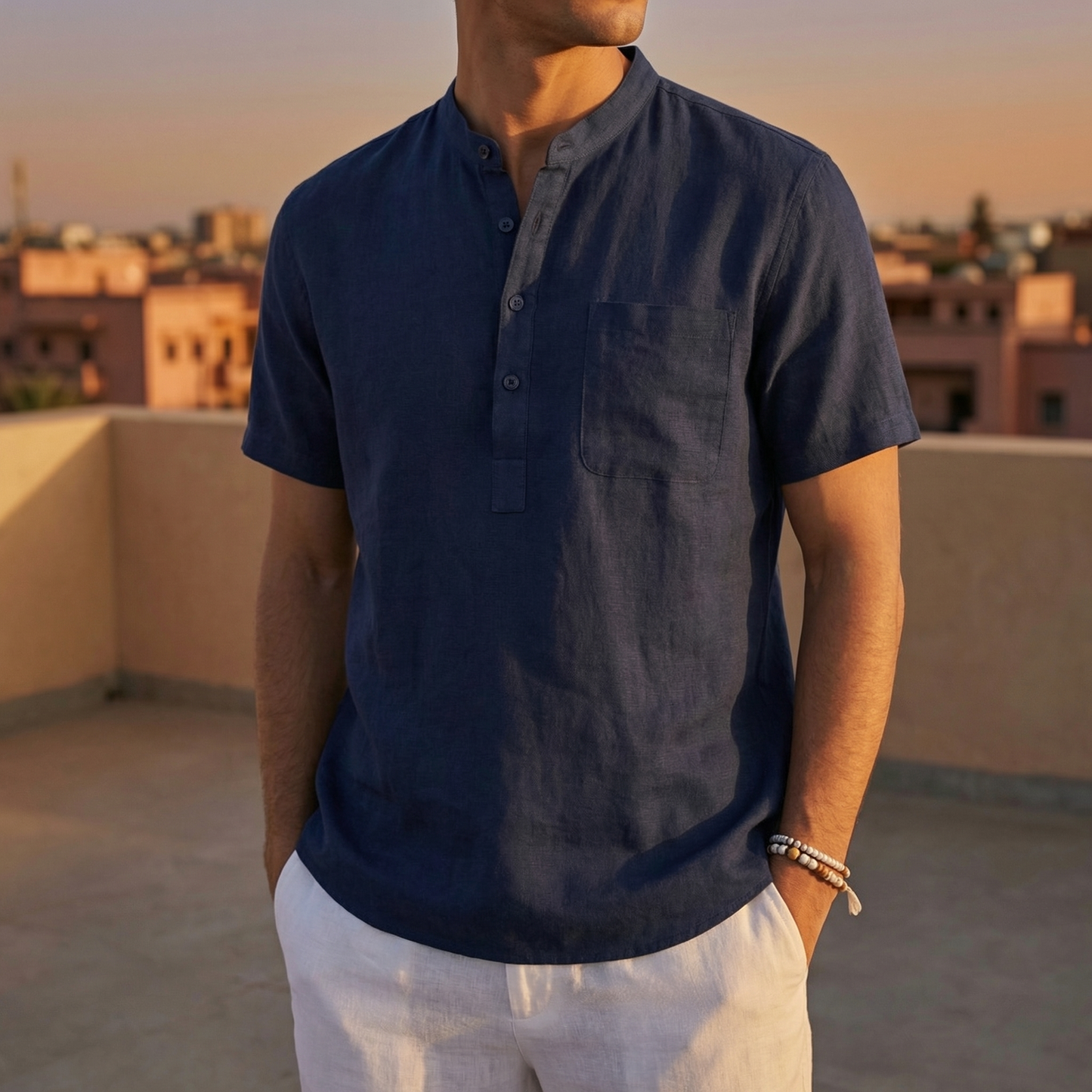 Men's Cotton Linen Henley Shirt - Lightweight Casual Top