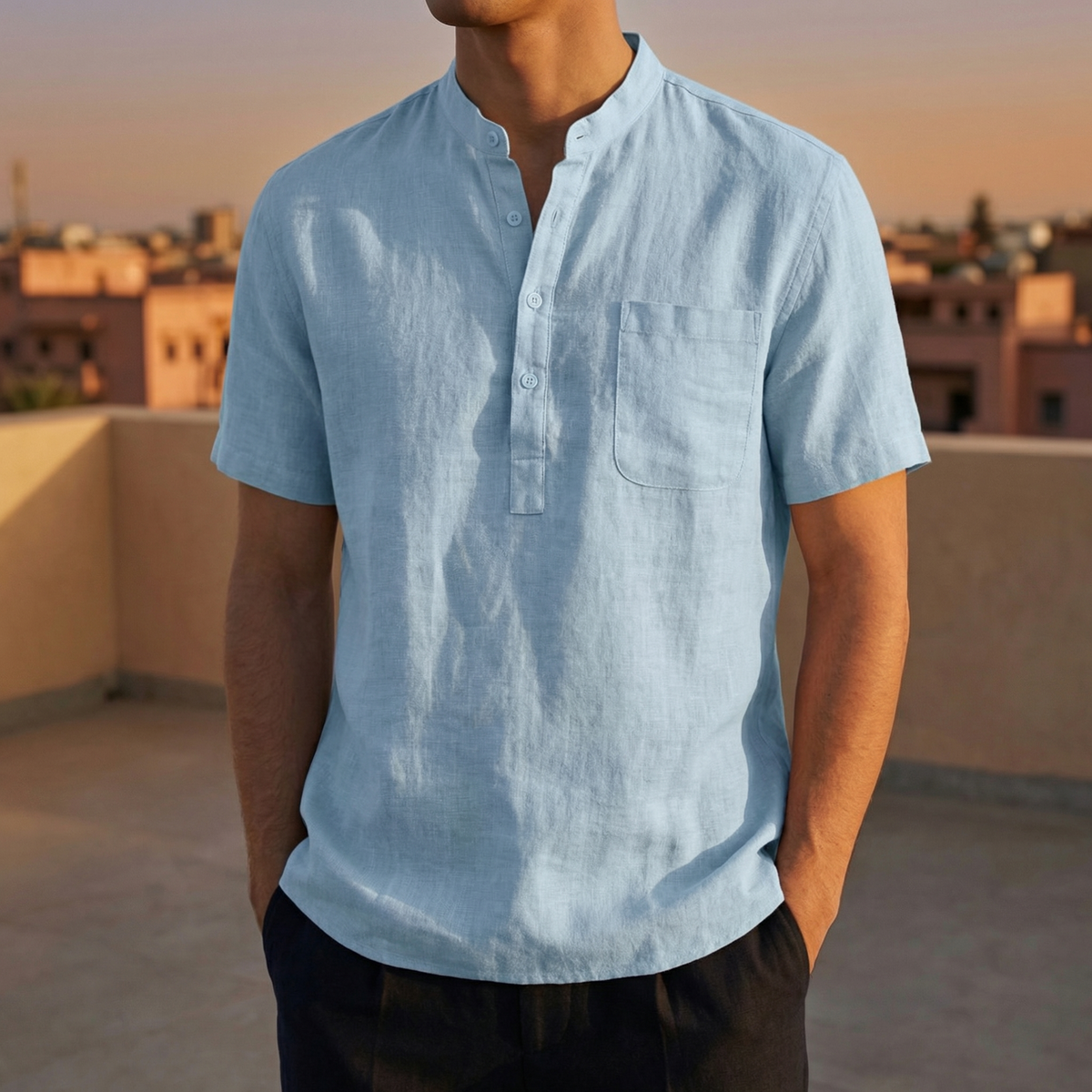 Men's Cotton Linen Henley Shirt - Lightweight Casual Top