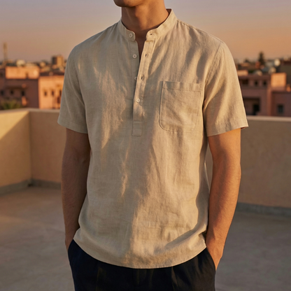 Men's Cotton Linen Henley Shirt - Lightweight Casual Top