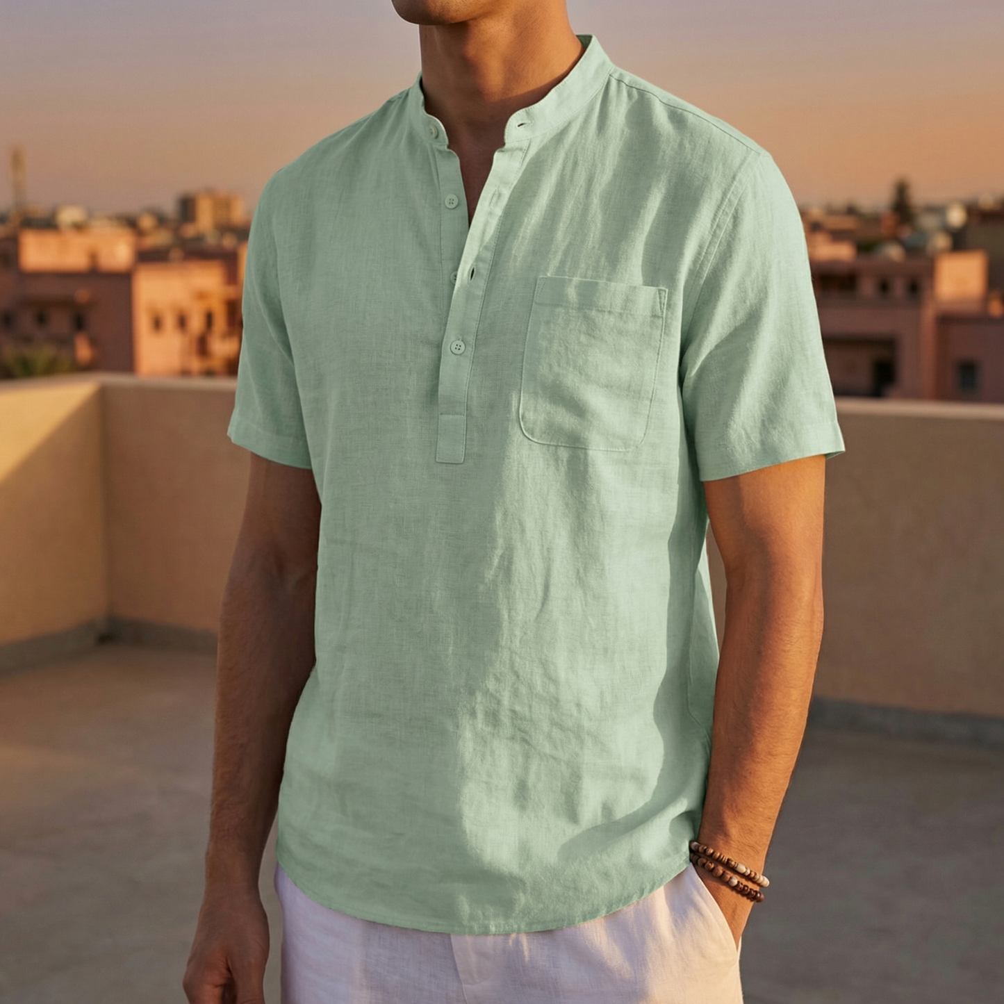 Men's Cotton Linen Henley Shirt - Lightweight Casual Top
