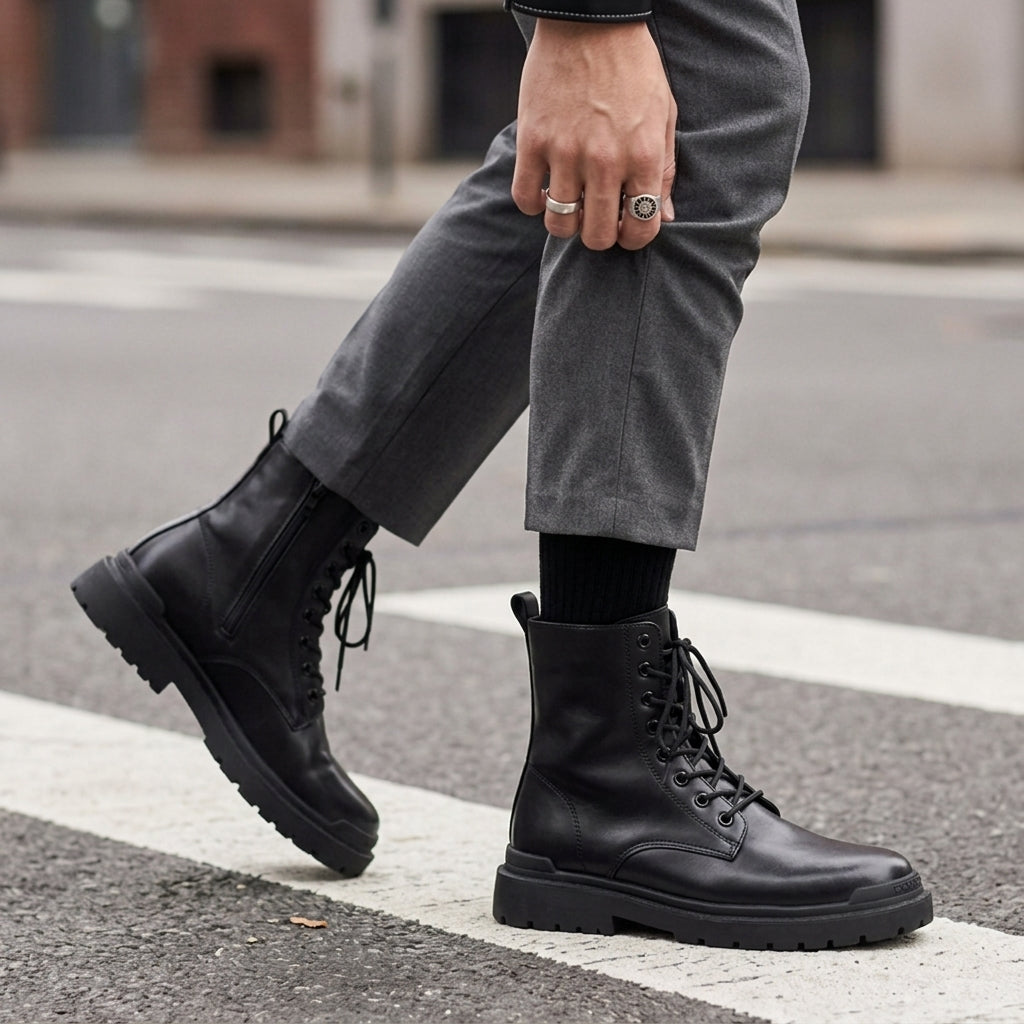 Men's Leather High Top Boots - Casual Lace Up Shoes