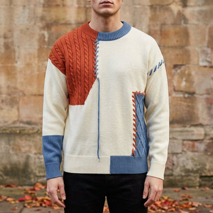 Men's Patchwork Sweater - Casual Knit Pullover