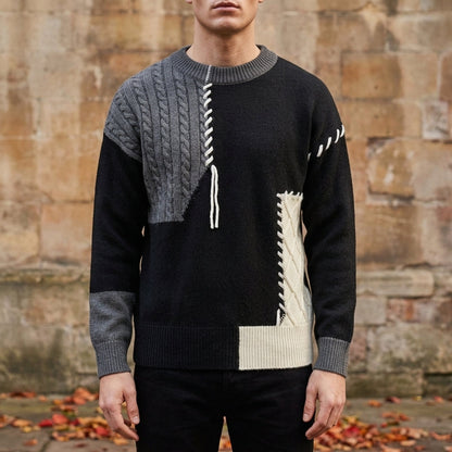 Men's Patchwork Sweater - Casual Knit Pullover