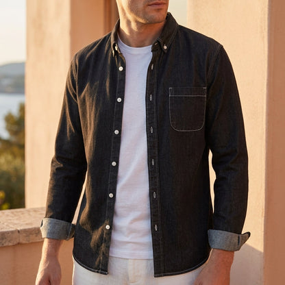 Men's Cotton Denim Shirt - Long Sleeve Casual Button Down