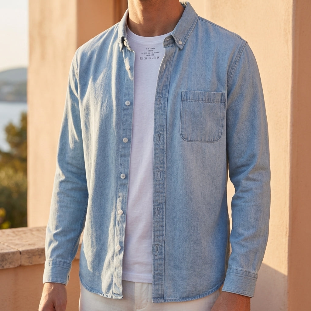 Men's Cotton Denim Shirt - Long Sleeve Casual Button Down