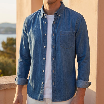 Men's Cotton Denim Shirt - Long Sleeve Casual Button Down