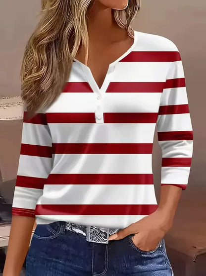 Maisyn | Women's Striped V-Neck Top with Vintage Petal Sleeve Design