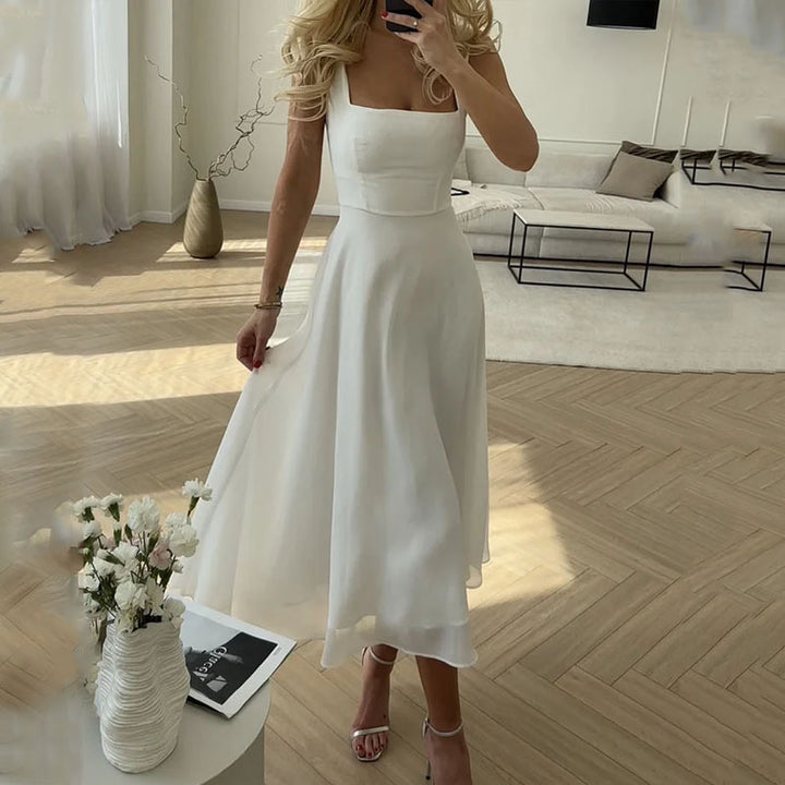 Zoralee | Elegant Flowing Midi Wedding Guest Dress with Chic Square Neckline