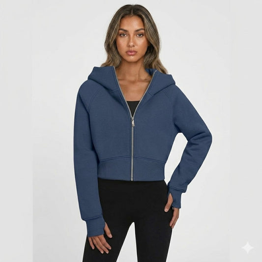 Women's Cropped Zip Up Hoodie - Casual Fleece Sweatshirt