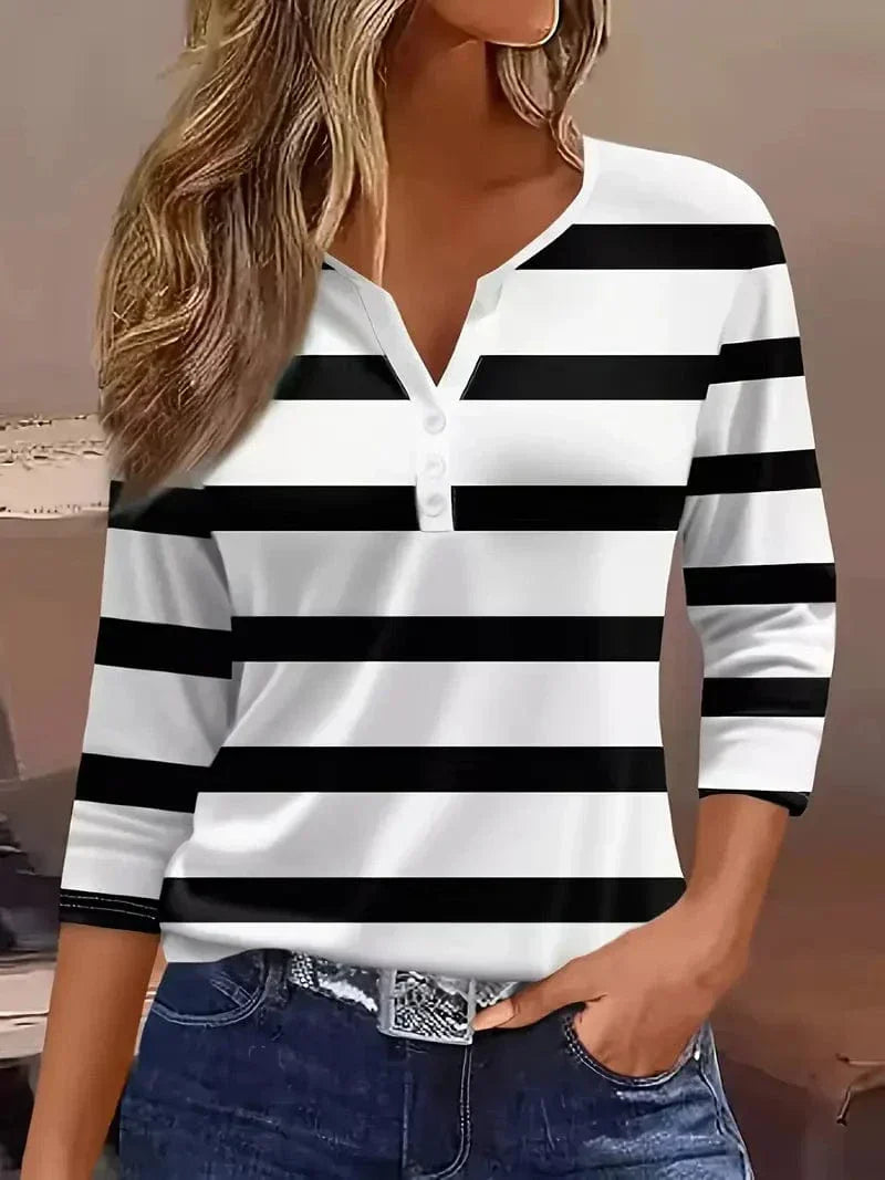 Maisyn | Women's Striped V-Neck Top with Vintage Petal Sleeve Design