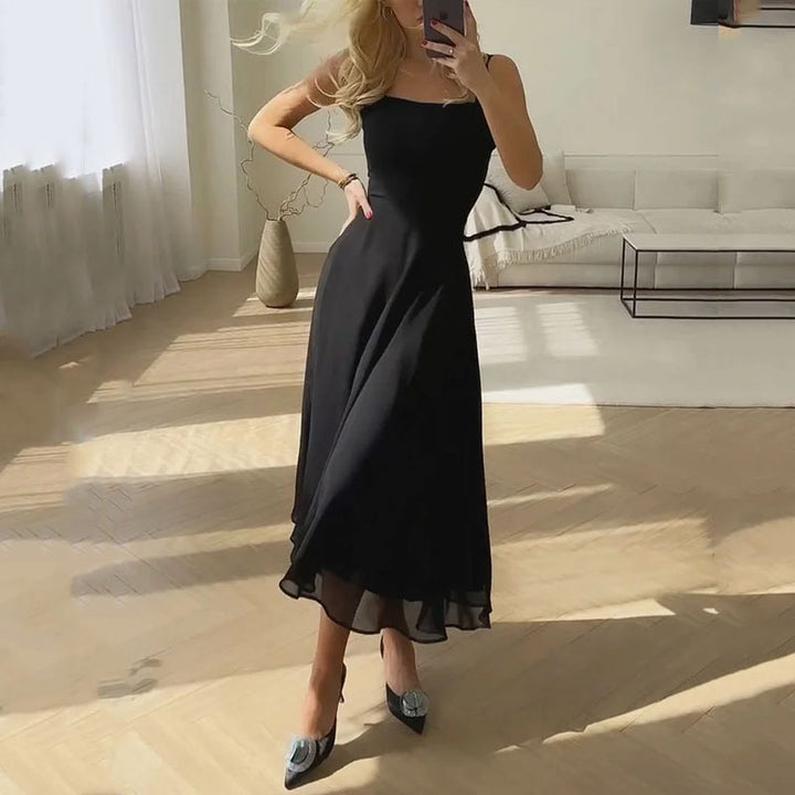 Zoralee | Elegant Flowing Midi Wedding Guest Dress with Chic Square Neckline