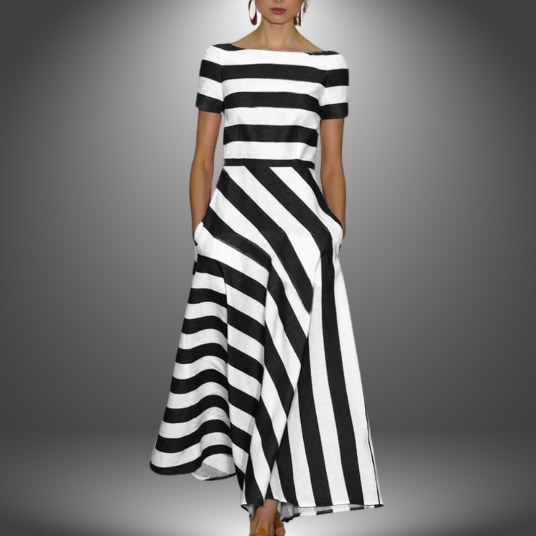 Lakelynn | Summer A-Line Striped Dress with Boat Neckline and Side Pockets