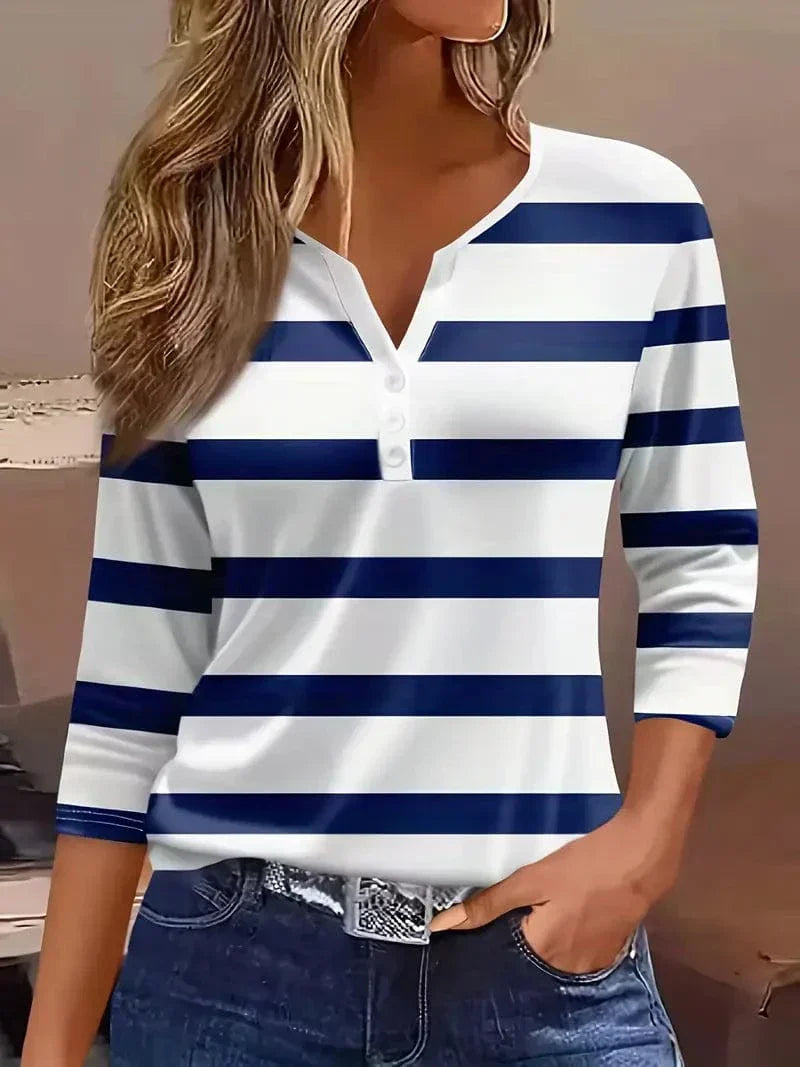 Maisyn | Women's Striped V-Neck Top with Vintage Petal Sleeve Design