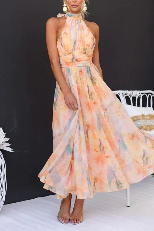 Whitley | Modern Floral Halter Sundress with Adjustable Tie Back Style