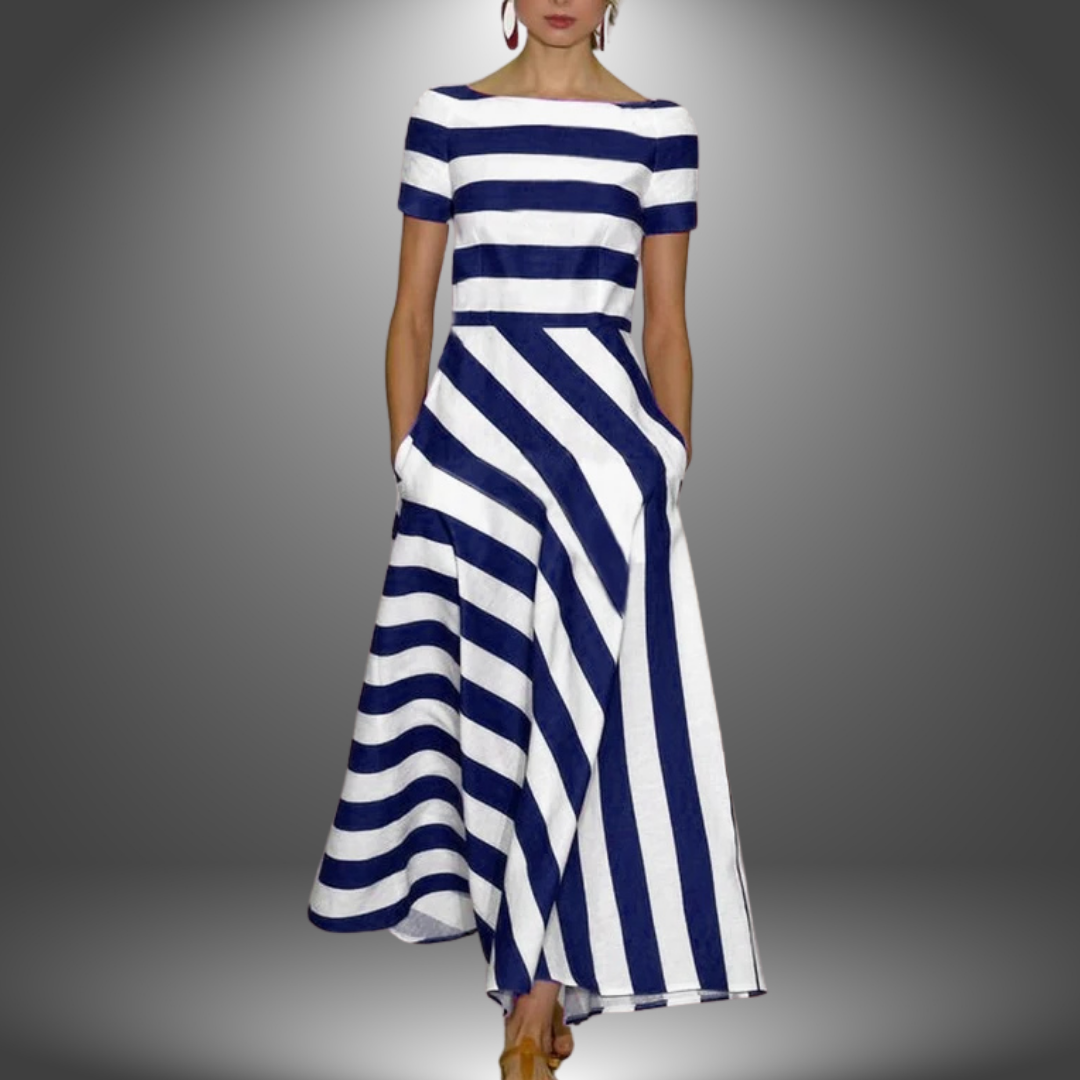 Lakelynn | Summer A-Line Striped Dress with Boat Neckline and Side Pockets