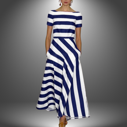 Lakelynn | Summer A-Line Striped Dress with Boat Neckline and Side Pockets