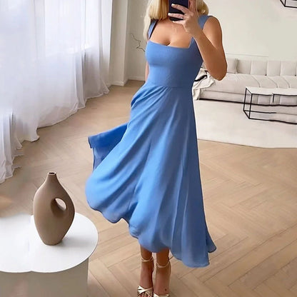 Zoralee | Elegant Flowing Midi Wedding Guest Dress with Chic Square Neckline